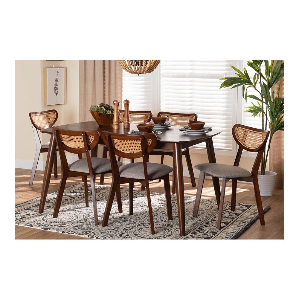 Grey Fabric and Walnut Brown Finished Wood 7-Piece Dining Set. Picture 21