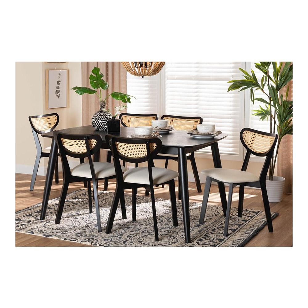 Cream Fabric and Black Finished Wood 7-Piece Dining Set. Picture 21