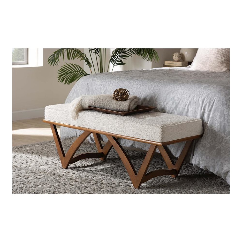 Chenoa Japandi Cream Boucle Fabric and Walnut Brown Finished Wood Bench. Picture 17