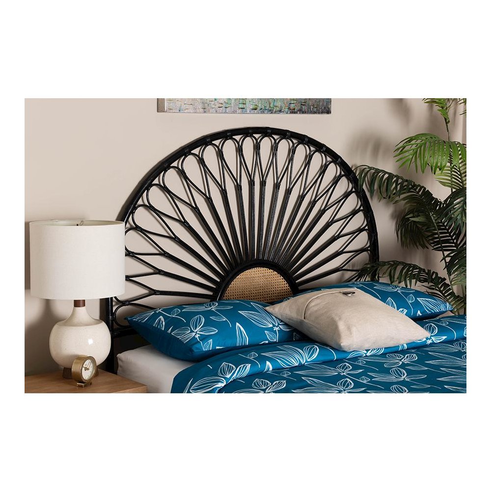 Bohemian Two-Tone Black and Natural Brown Rattan King Size Standalone Headboard. Picture 19