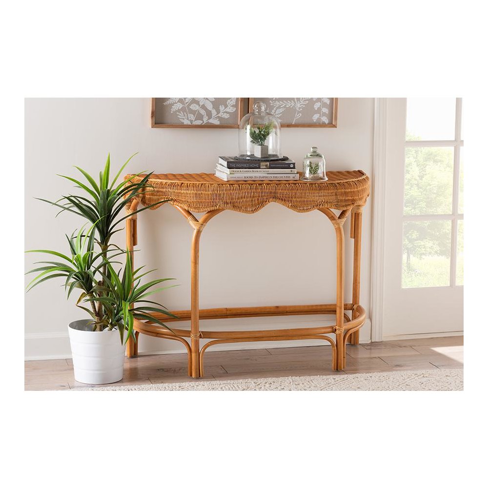 bali & pari Wakana Modern Bohemian Natural Brown Rattan Console Table. Picture 19