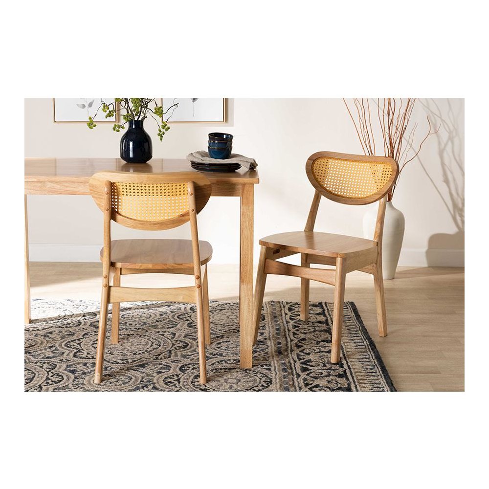 Oak Brown Finished Wood and Rattan 2-Piece Dining Chair Set. Picture 19
