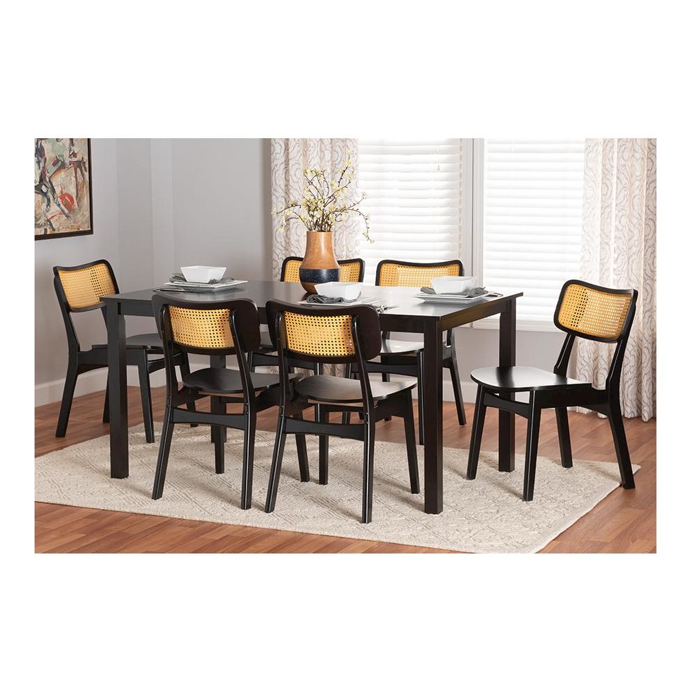 Estera Mid-Century Modern Dark Brown Finished Wood and Rattan 7-Piece Dining Set. Picture 21