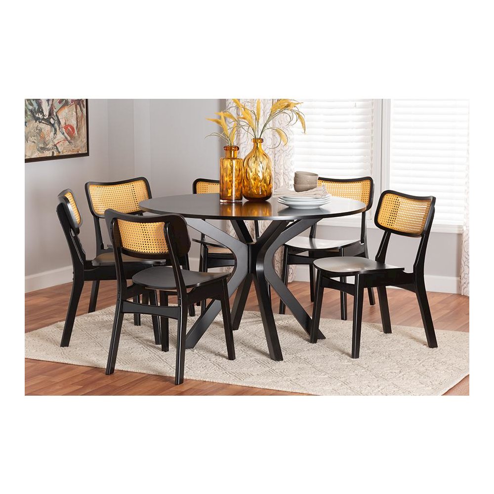 Linnet Mid-Century Modern Dark Brown Finished Wood and Rattan 7-Piece Dining Set. Picture 21
