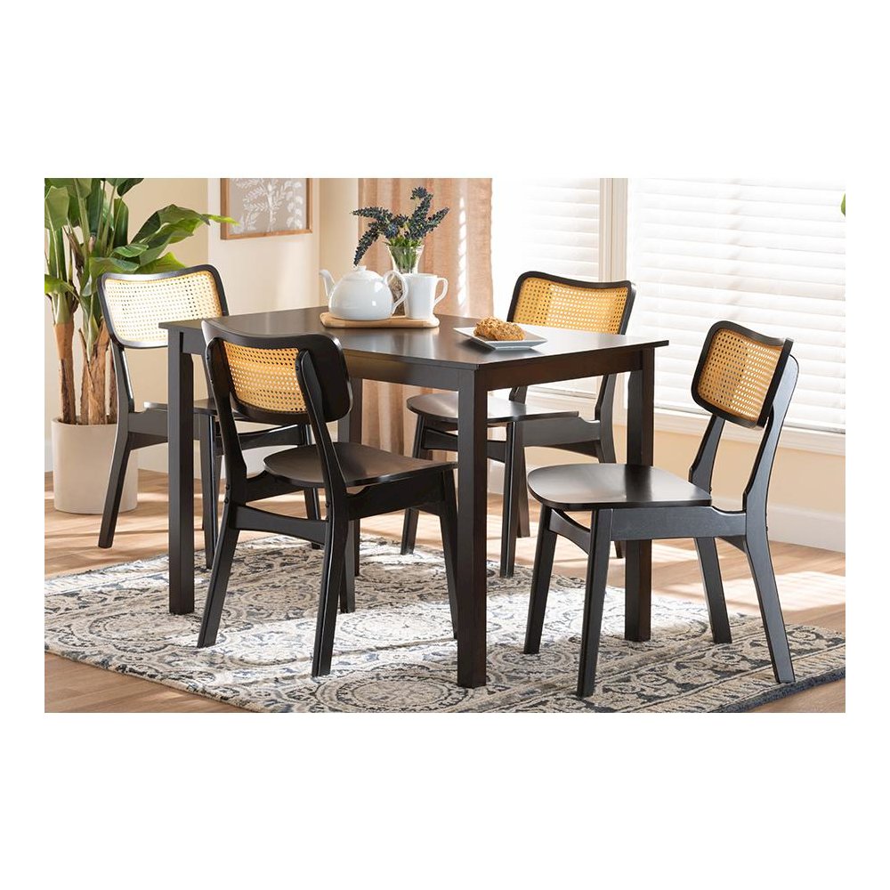 Estera Mid-Century Modern Dark Brown Finished Wood and Rattan 5-Piece Dining Set. Picture 21