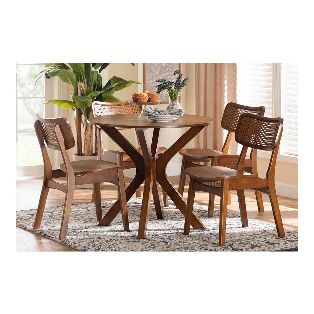 Walnut Brown Finished Wood and Rattan 5-Piece Dining Set. Picture 21