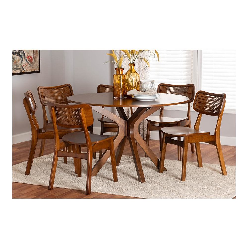 Walnut Brown Finished Wood and Rattan 7-Piece Dining Set. Picture 21