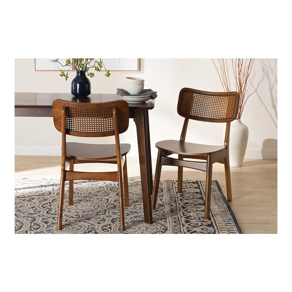 Walnut Brown Finished Wood and Rattan 2-Piece Dining Chair Set. Picture 19