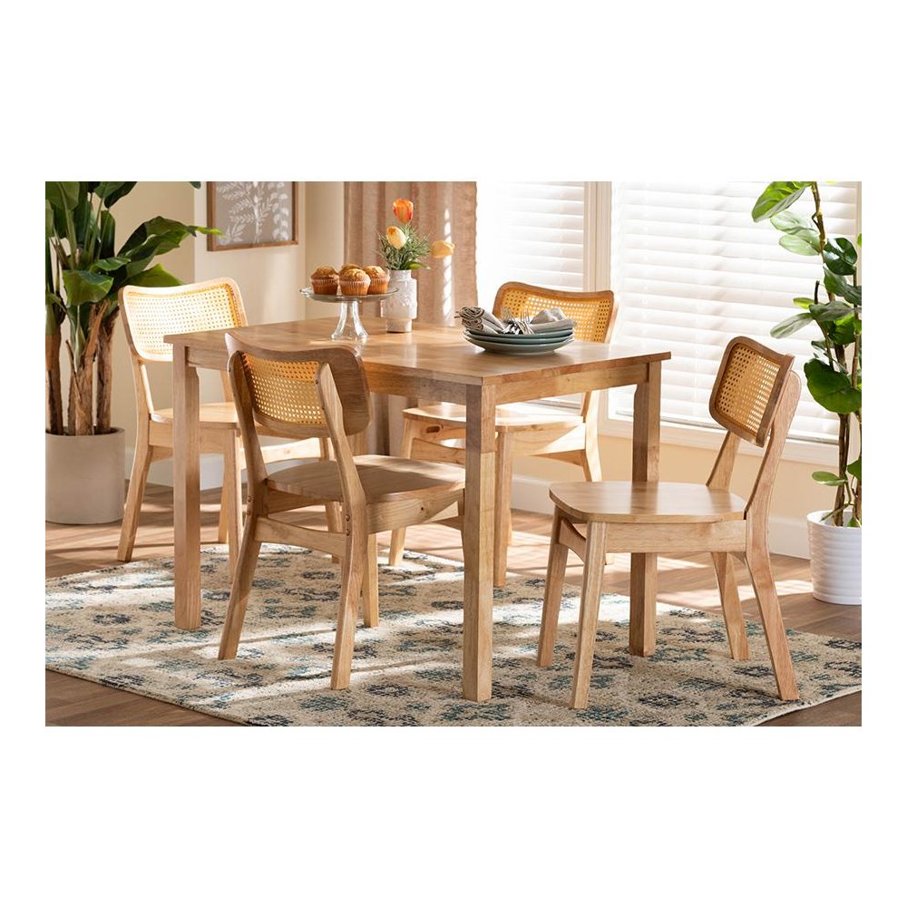 Dulcet Mid-Century Modern Oak Brown Finished Wood and Rattan 5-Piece Dining Set. Picture 21