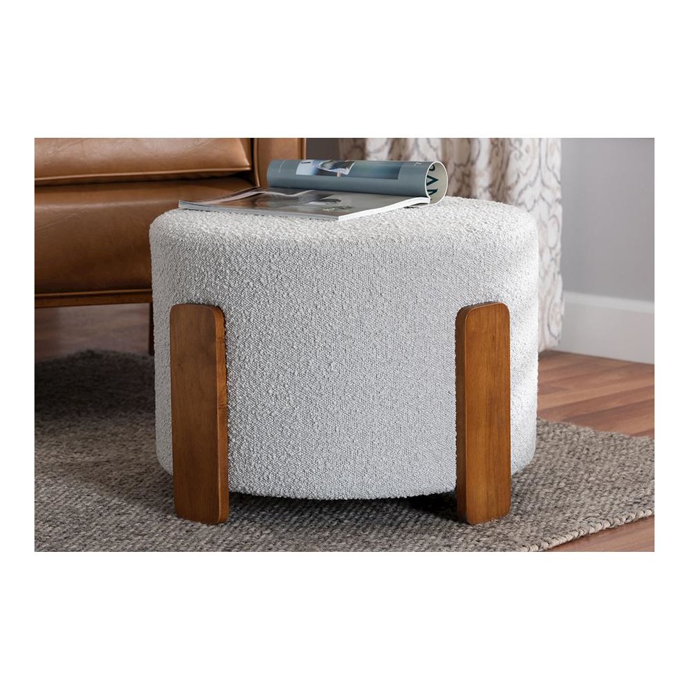 Light Grey Boucle Fabric and Walnut Brown Finished Wood Ottoman Footstool. Picture 15
