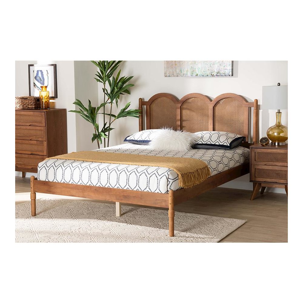 Modern Walnut Brown Finished Wood Queen Size Platform Bed with Woven Rattan. Picture 19