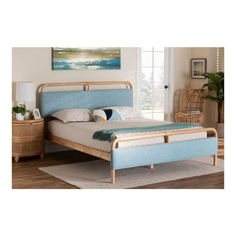 Contemporary Baby Blue Fabric and Natural Wood Queen Size Platform Bed. Picture 19