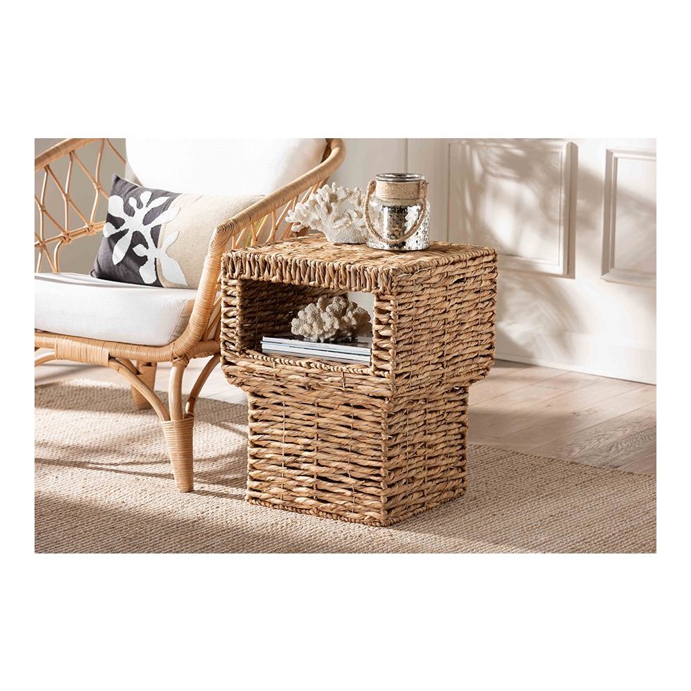 bali & pari Raziel Modern Bohemian Natural Brown Seagrass and Wood End Table. Picture 17