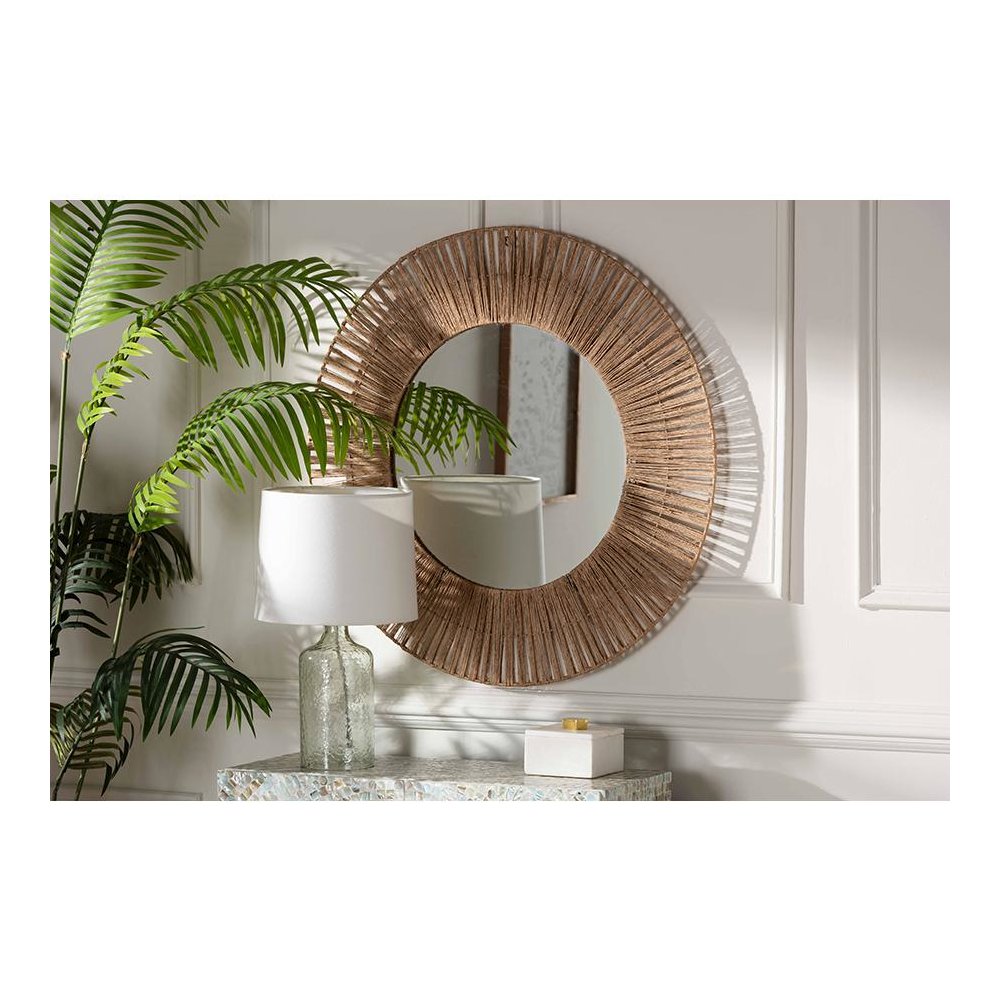 Bohemian Metal and Natural Brown Seagrass Accent Wall Mirror. Picture 9