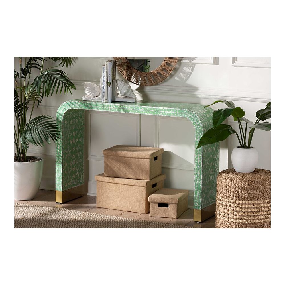 Didrika Modern Bohemian Seafoam Green Mother of Peral Console Table. Picture 17