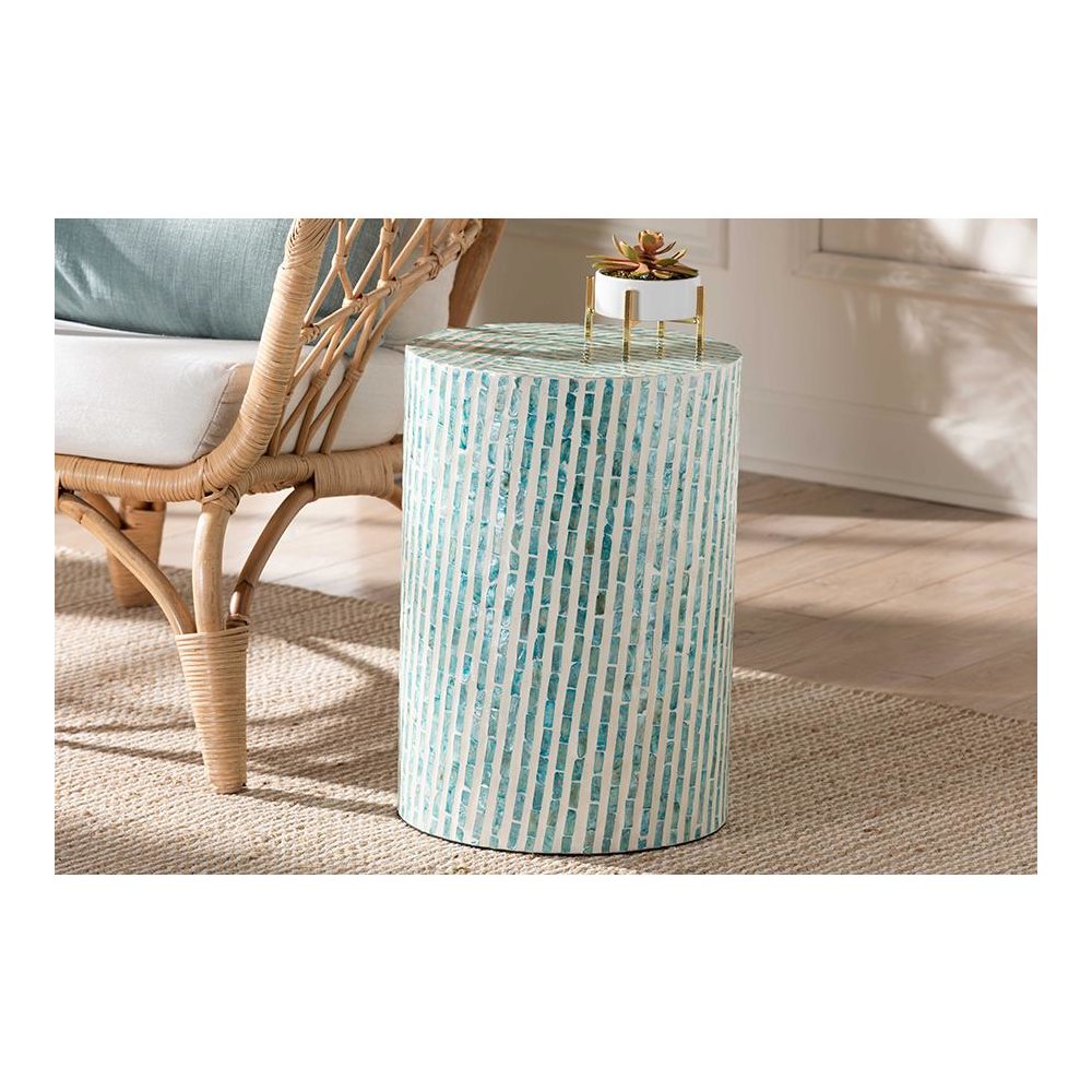 Baxton Studio Draven Modern Bohemian White and Blue Mother of Pearl End Table. Picture 15