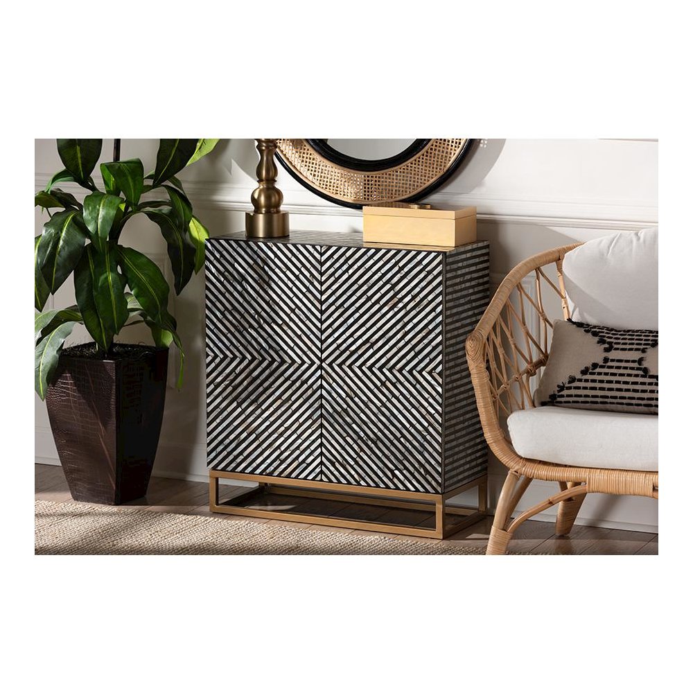 Bohemian Two-Tone Black and Grey Mother of Pearl and Gold Metal Storage Cabinet. Picture 21