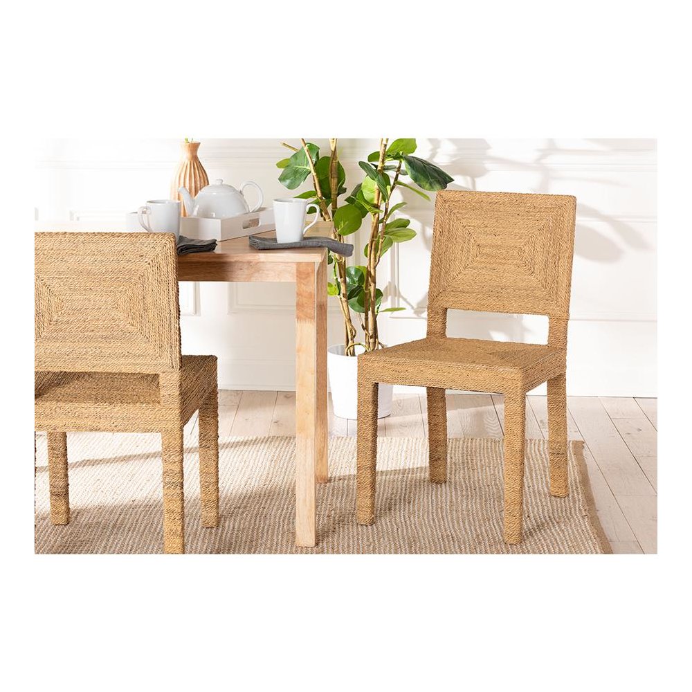 Anfield Modern Bohemian Natural Seagrass and Mahogany Wood Dining Chair. Picture 21
