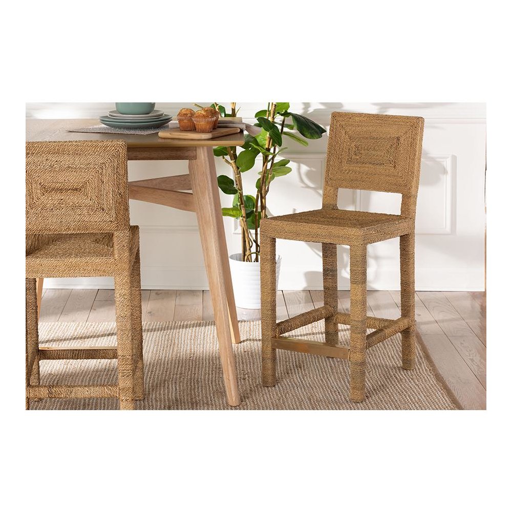 Anfield Modern Bohemian Natural Seagrass and Mahogany Wood Counter Stool. Picture 21