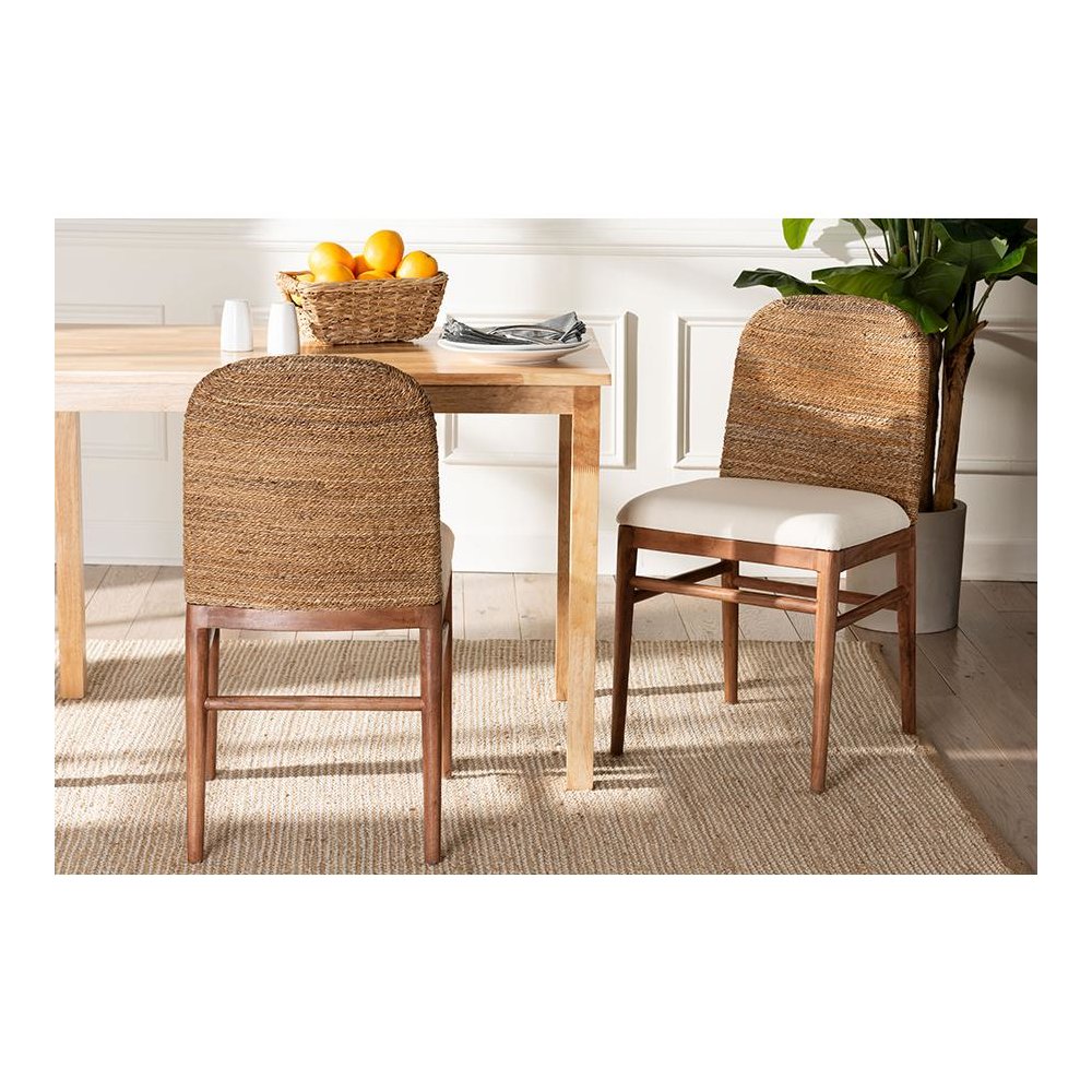 Nadim Modern Bohemian Natural Seagrass and Acacia Wood 2-Piece Dining Chair Set. Picture 19