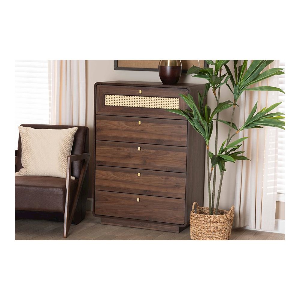 Jenibelle Classic Walnut Brown Wood 5-Drawer Chest with Rattan Drawer. Picture 21