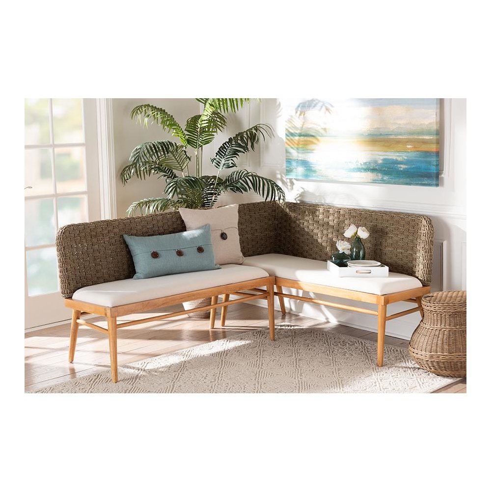 Bohemian Natural Seagrass and Acacia Wood 2-Piece Dining Nook Banquette Set. Picture 19
