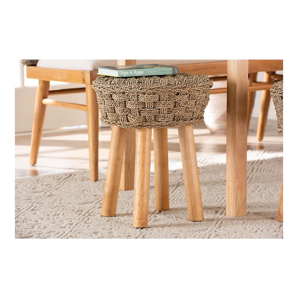 Denver Modern Bohemian Natural Seagrass and Acacia Wood Stool. Picture 17