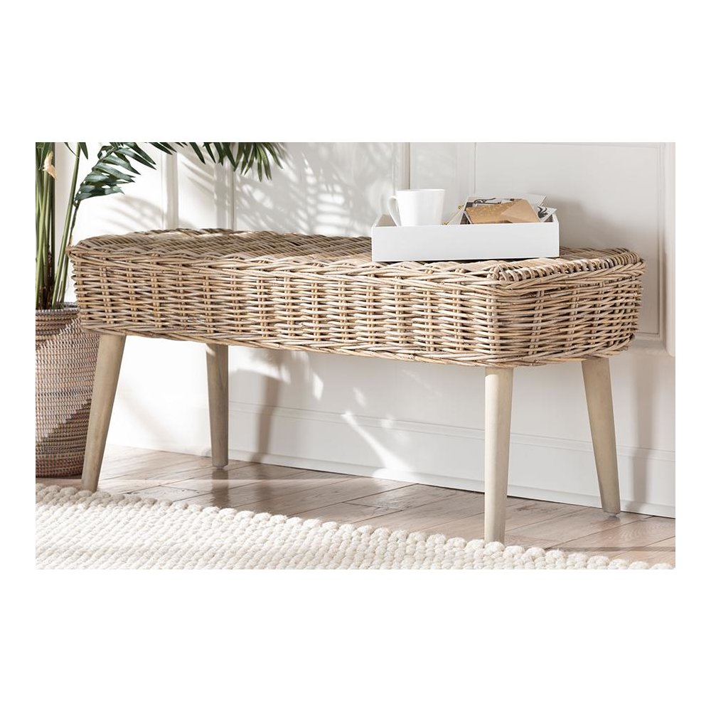 Raisa Modern Bohemian Natural Kubu Rattan and Grey Acacia Wood Accent Bench. Picture 18