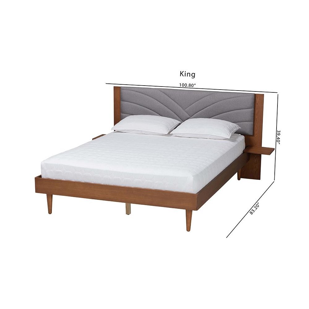 Walnut Brown Wood King Size Platform Bed With Floating Side Table. Picture 11