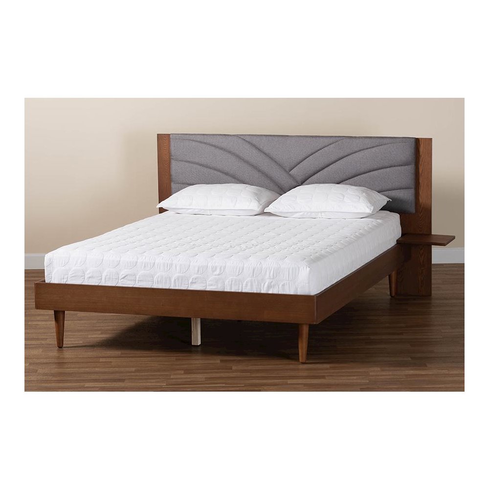 Walnut Brown Wood King Size Platform Bed With Floating Side Table. Picture 9