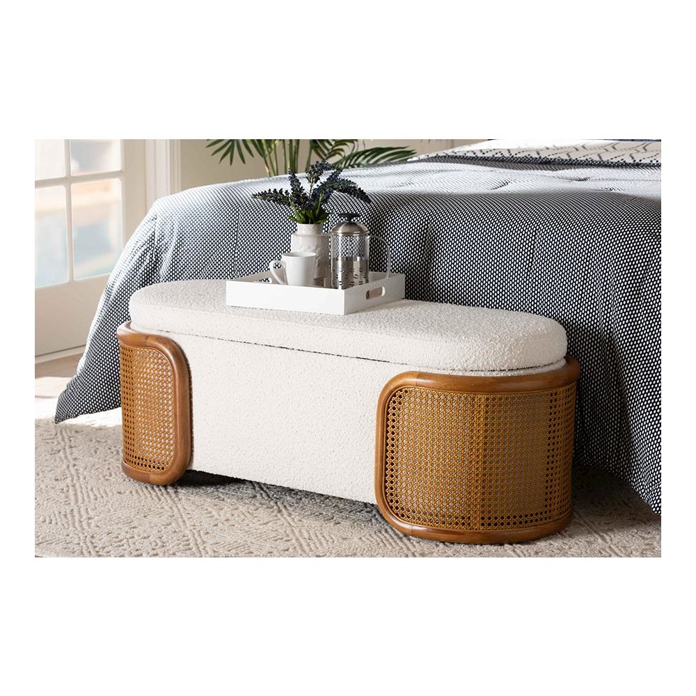 Baxton Studio Basira Japandi Cream Boucle Fabric Storage Bench with Woven Rattan. Picture 22