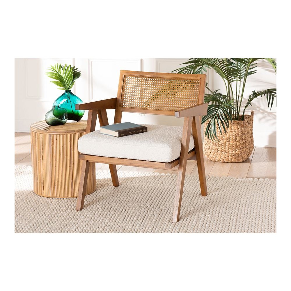 Jetsam Japandi Cream Boucle Fabric and Walnut Brown Finished Wood Arm Chair. Picture 21