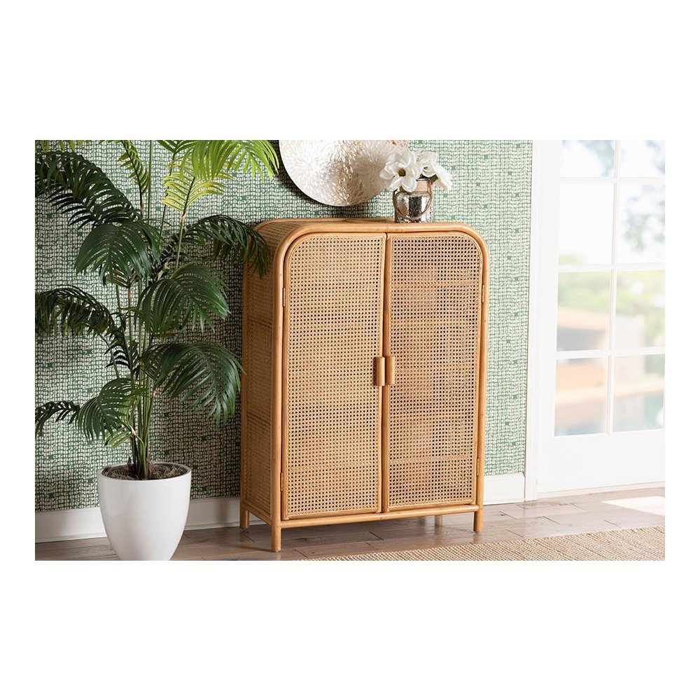 Curacao Modern Bohemian Light Honey Rattan 2-Door Storage Cabinet. Picture 21