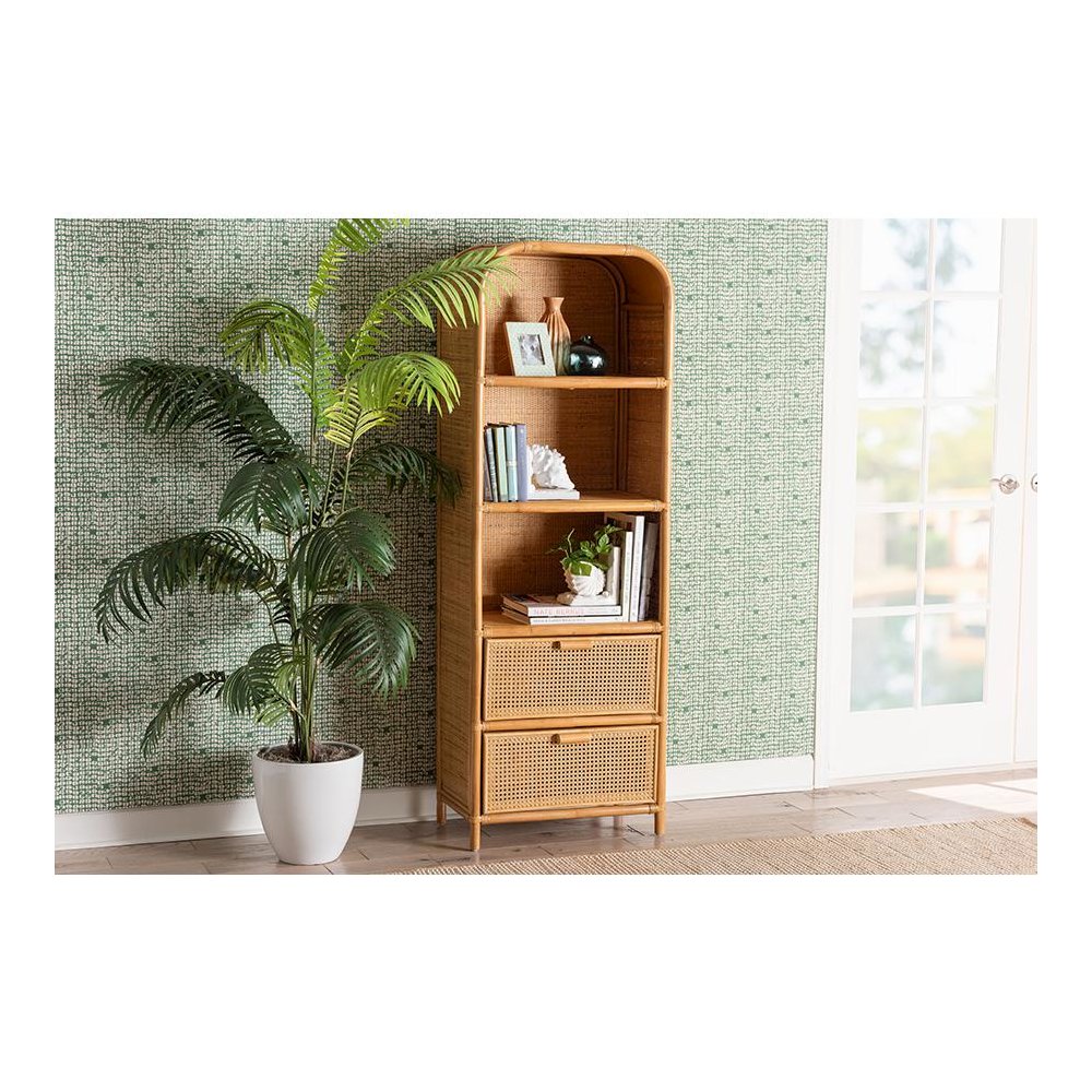 Curacao Modern Bohemian Light Honey Rattan 2-Drawer Bookcase. Picture 21