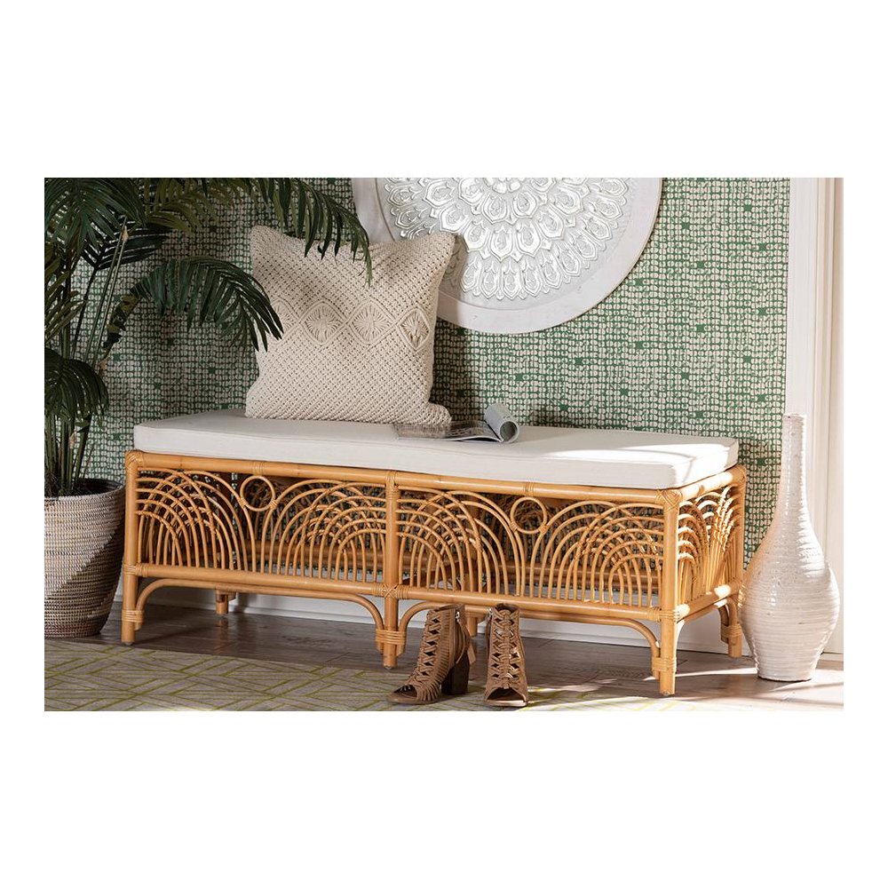 bali & pari Materra Modern bohemian Natural Brown Rattan Bench. Picture 17