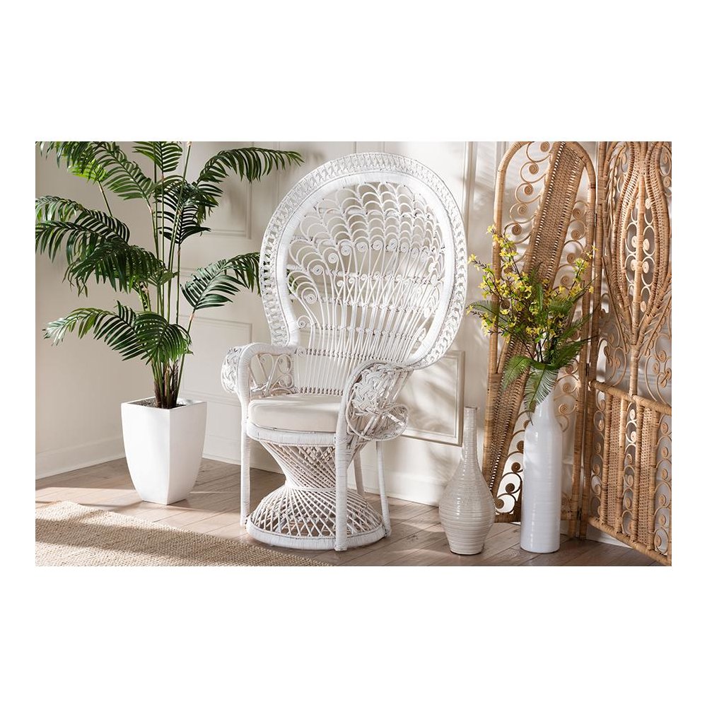 Kallima Modern Bohemian White Natural Rattan Peacock Chair. Picture 21