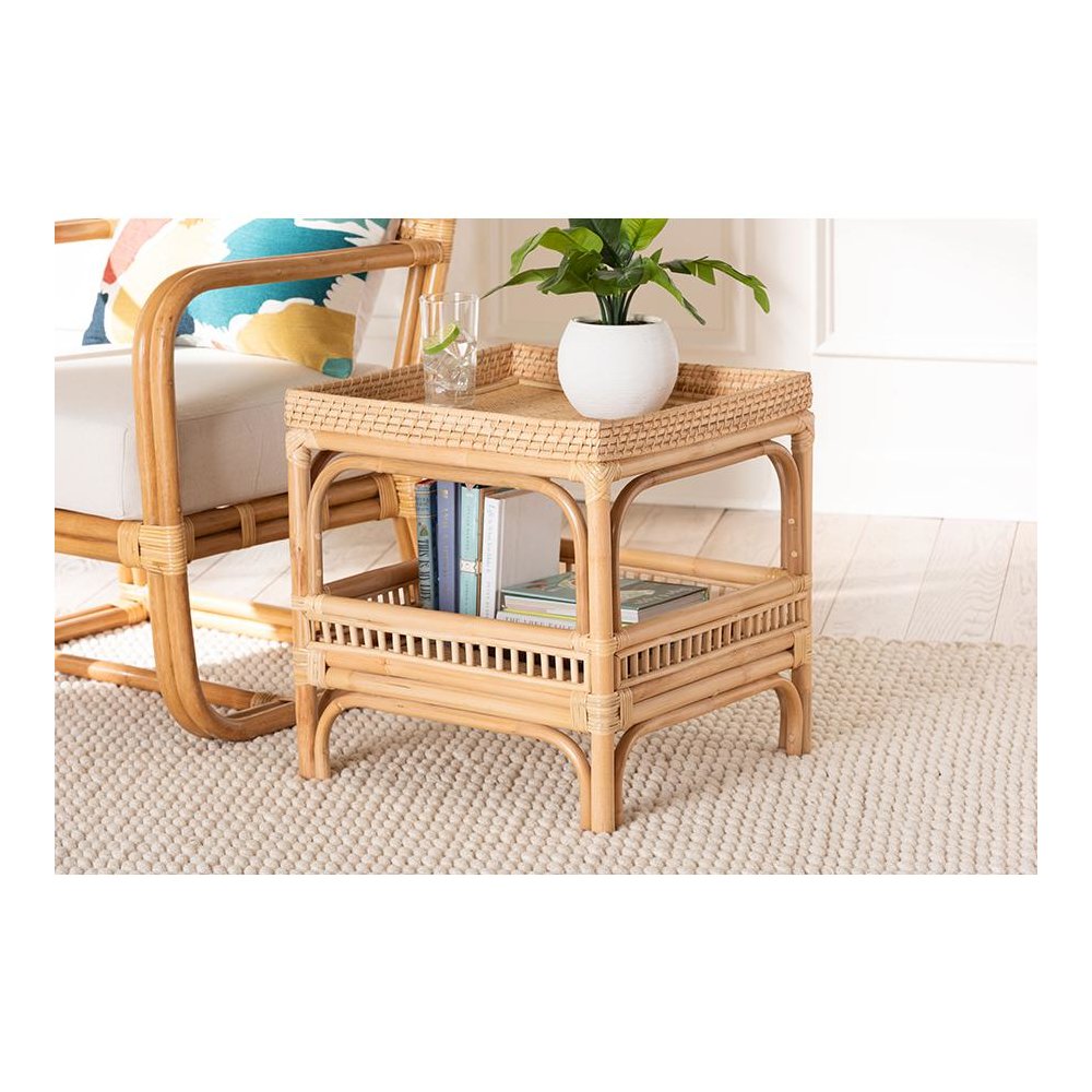 Lombok Modern Bohemian Natural Rattan End Table. Picture 17