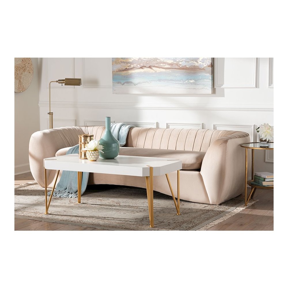 Adanna Glam and Luxe Champagne Beige Velvet Fabric Sofa. Picture 19
