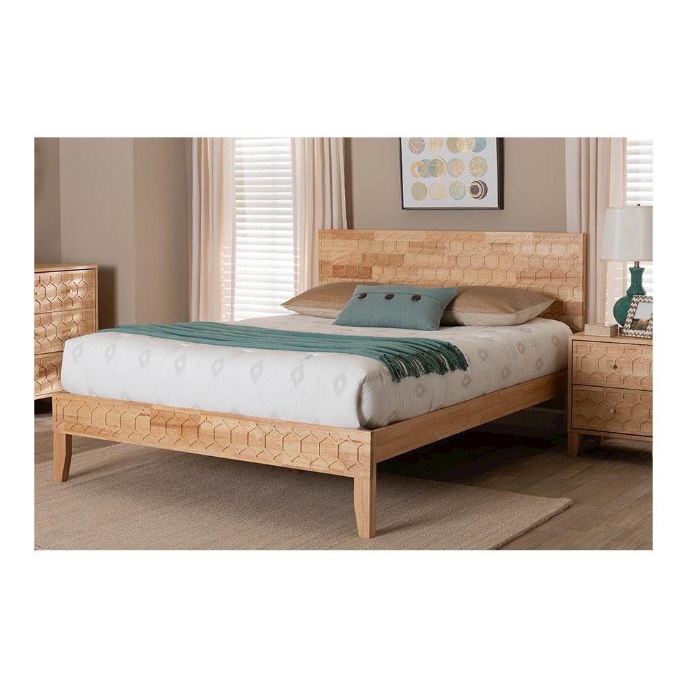 Hosea Japandi Carved Honeycomb Natural Queen Size Platform Bed. Picture 21