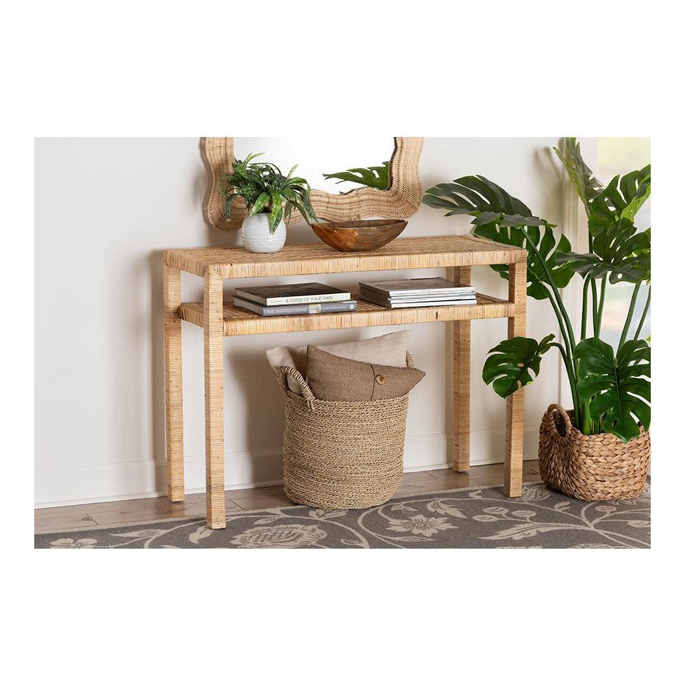 Kalimantan Bohemian Light Honey Rattan and Acacia Wood Console Table. Picture 19