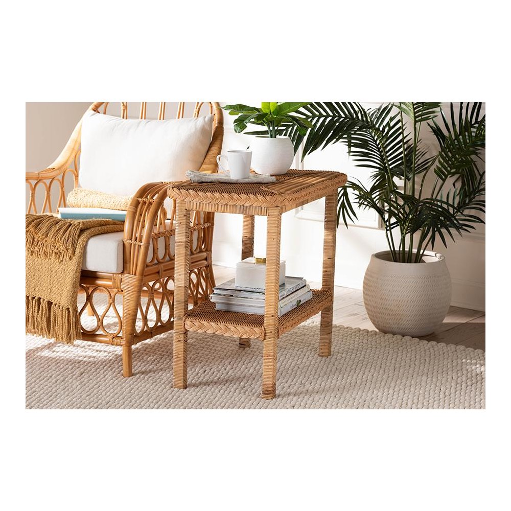 Minahasa Bohemian Light Honey Braided Rattan Side Table. Picture 19