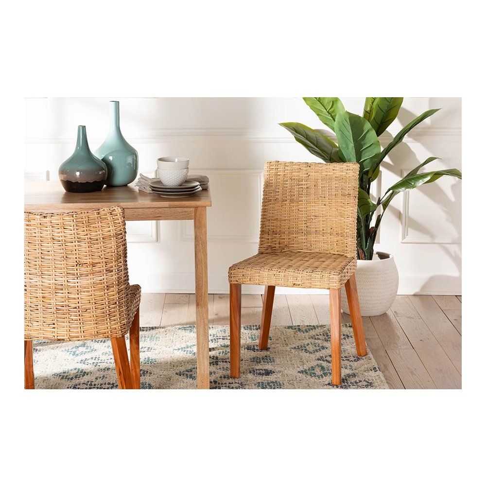 Rowen Bohemian Light Honey Kubu Rattan and Mahogany Wood Dining Chair. Picture 21
