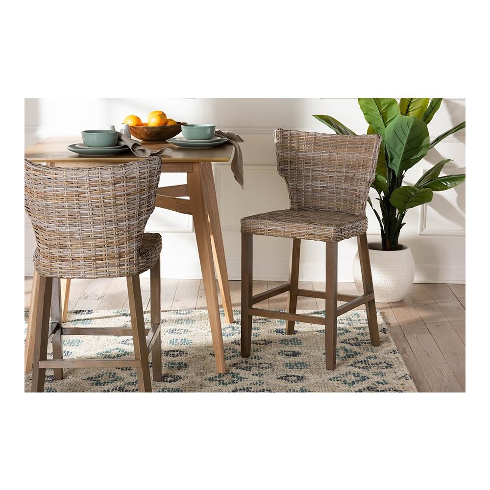 Enver Modern Bohemian Grey Kubu Rattan and Mahogany Wood Counter Stool. Picture 21