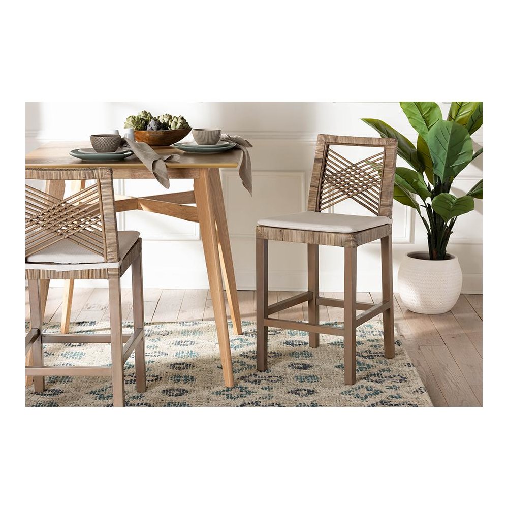 Poltak Modern Bohemian Grey Natural Kubu Rattan and Mahogany Wood Counter Stool. Picture 21