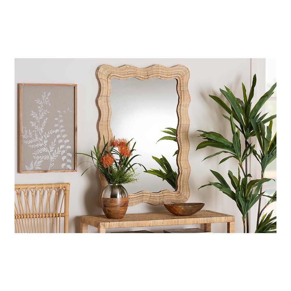 Hasana Bohemian Natural Scallop Rattan Accent Wall Mirror. Picture 9