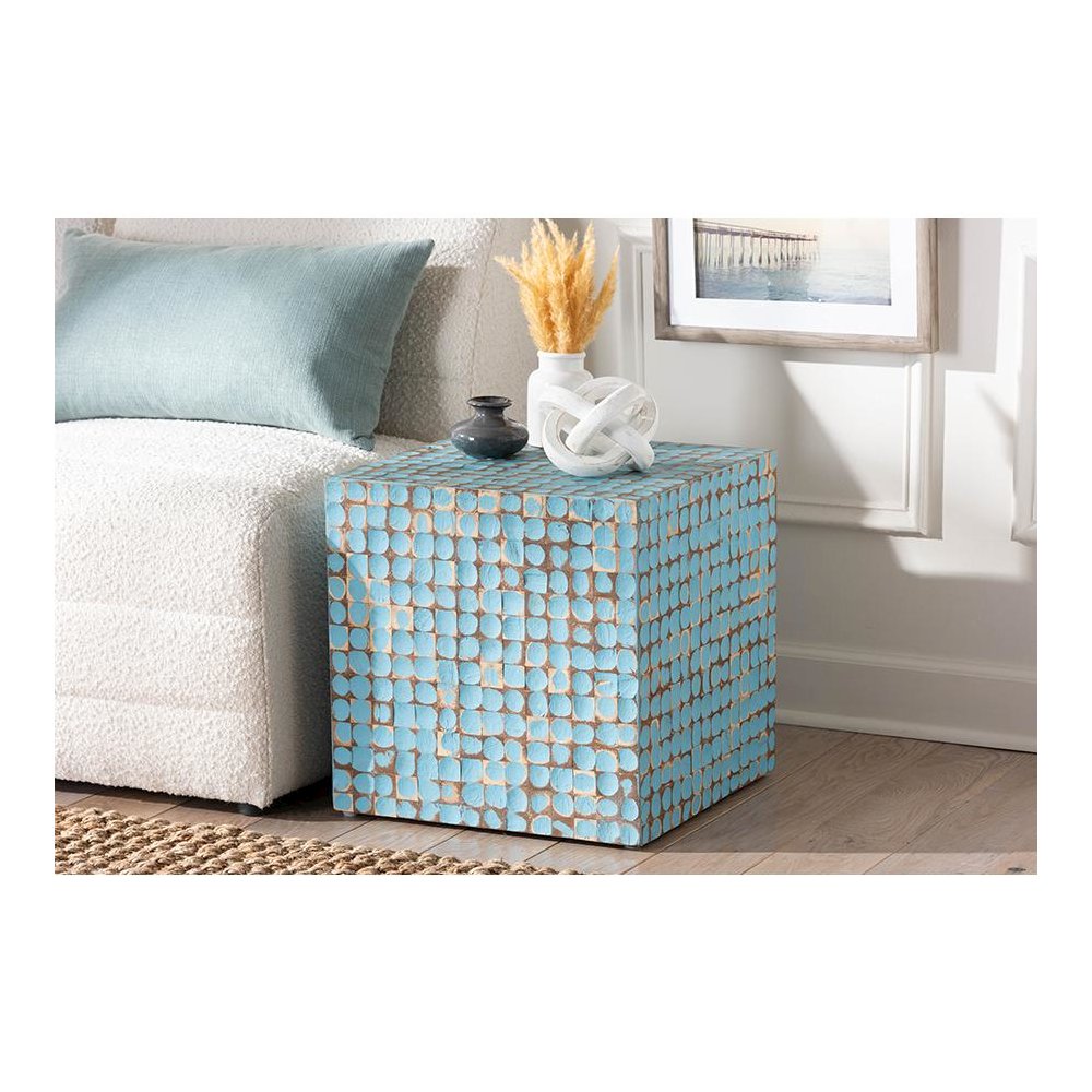 Janella Bohemian Sky Blue Coconut Shell and Acacia Wood End Table. Picture 17
