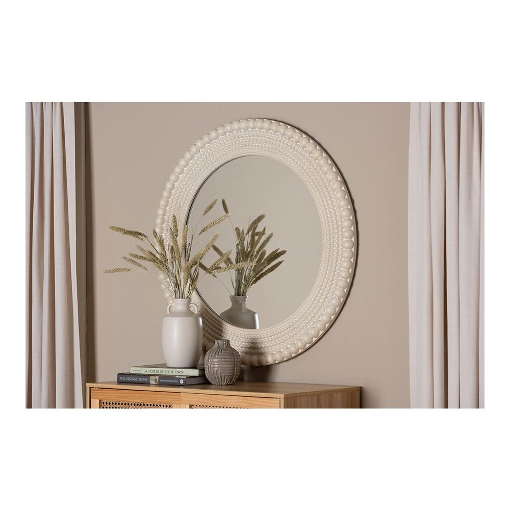 Grazia Modern Round Beaded-framed Accent Mirror in Pearl White. Picture 9
