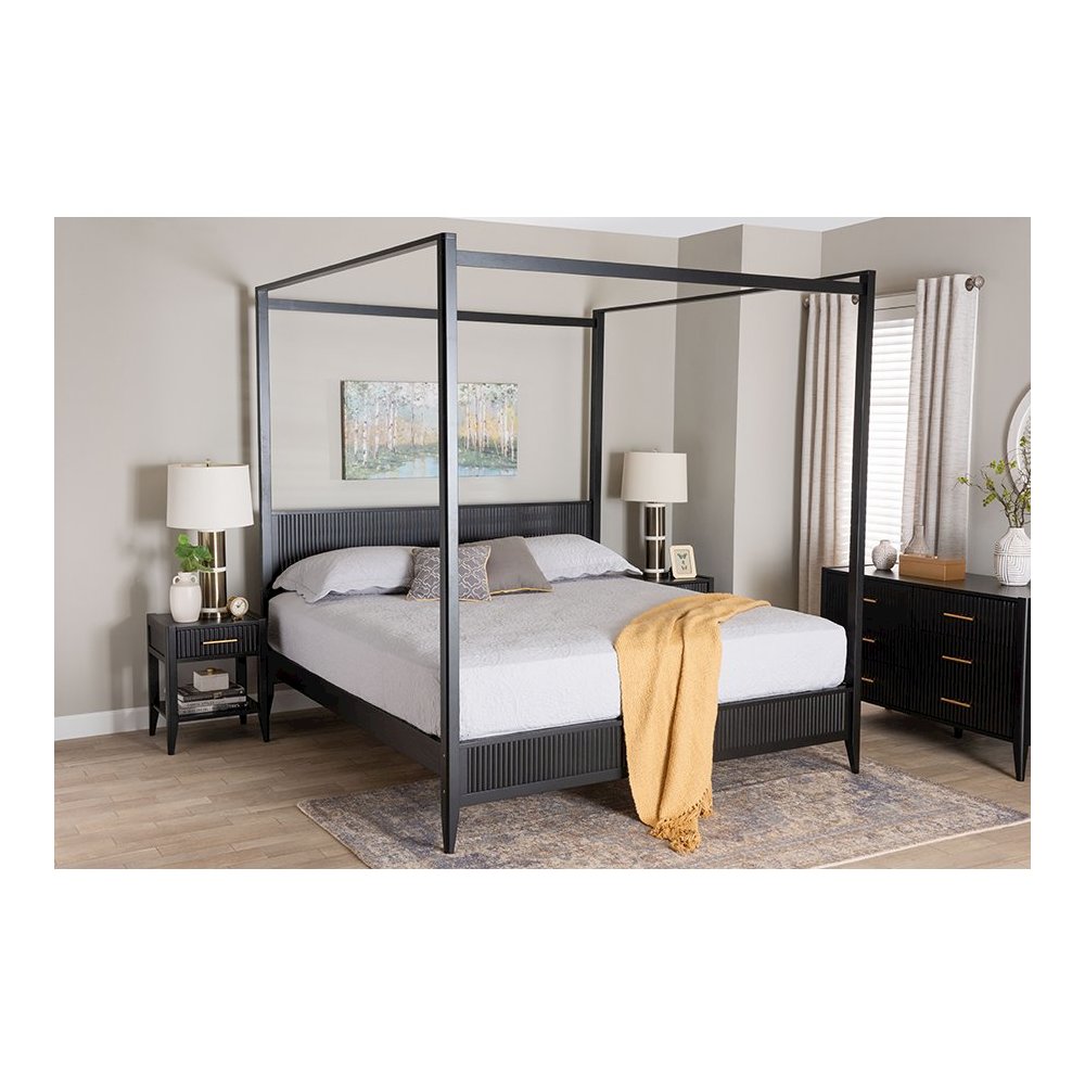 Primrose Mid-Century Black Fluted Wood King Size Canopy Bed. Picture 19