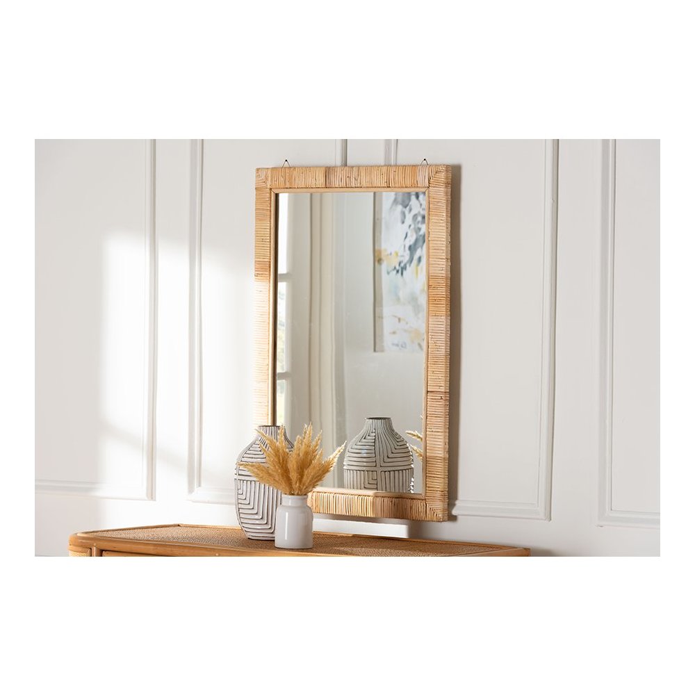 Lankston Bohemian Natural Rattan Rectangle Accent Wall Mirror. Picture 9