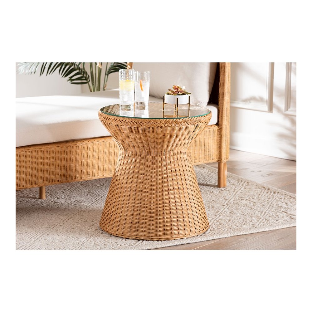 Nina Bohemian Light Honey Braided Rattan End Table with Glass Tabletop. Picture 12